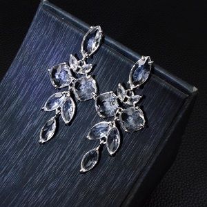 Anthro Clear Crystal Clusters Large Long Leaf Shaped Dangle Drop Earrings